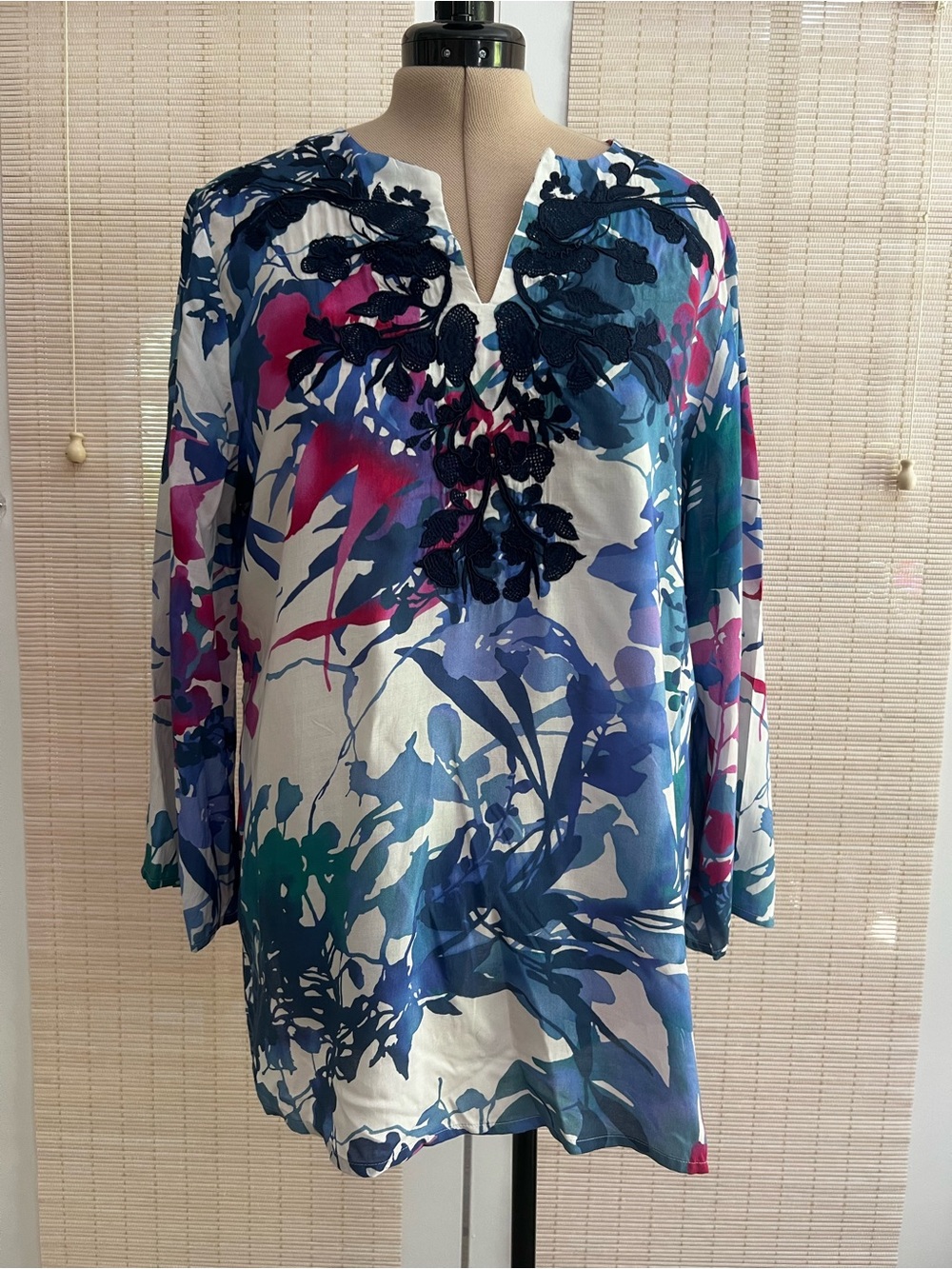 NWT Chico's Navy Embroidered Floral Tunic with Blue, Teal & Fuchsia Print